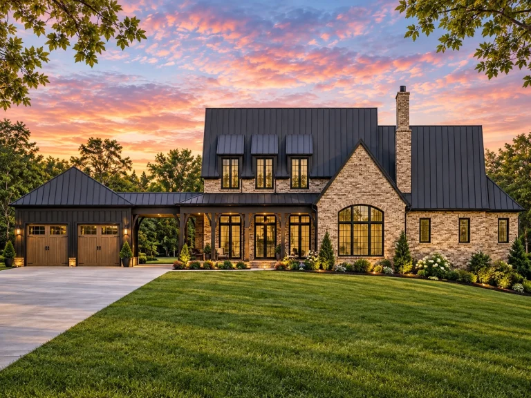 Front elevation of a Georgian style home with full brick exterior, symmetrical windows, steep gabled roof, and refined Traditional Colonial detailing