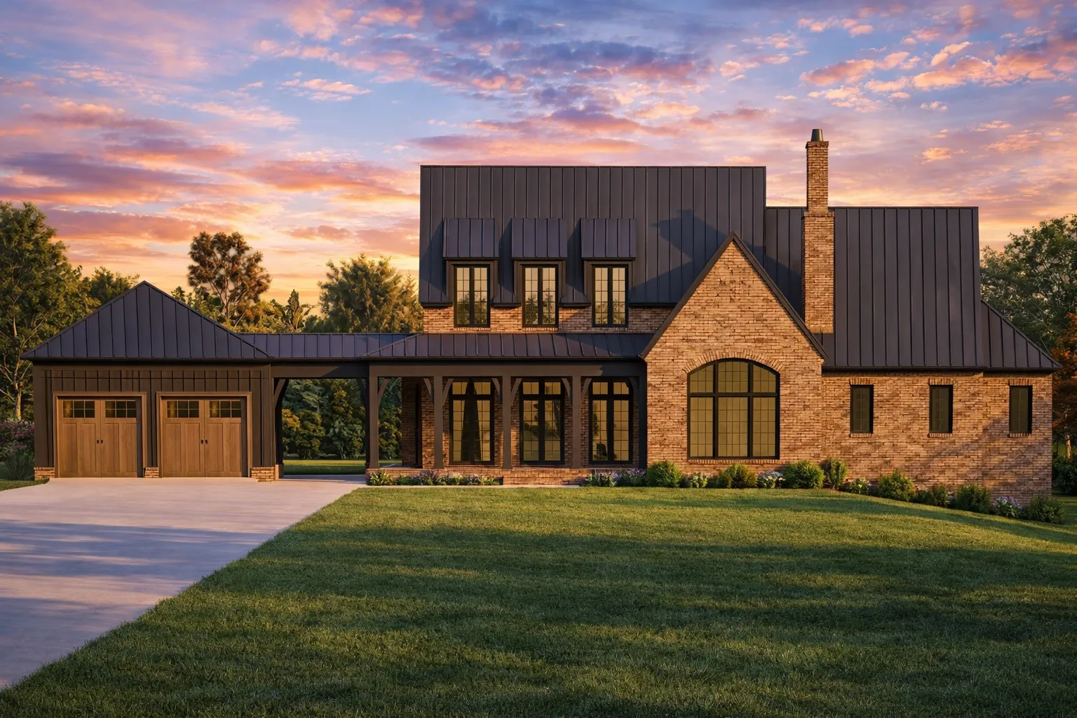 Front elevation of a Georgian style home with full brick exterior, symmetrical windows, steep gabled roof, and refined Traditional Colonial detailing