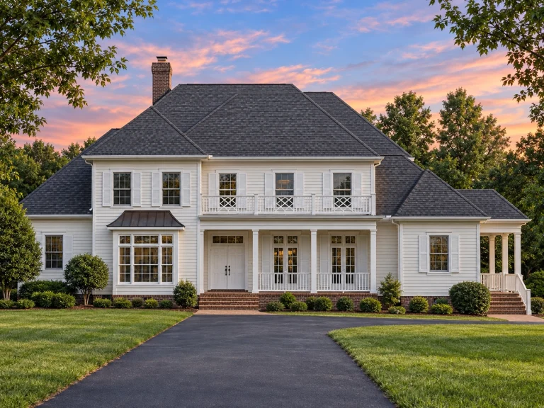 Front elevation of a Traditional Colonial style home with symmetrical façade, lap siding exterior, centered entry, and evenly spaced windows