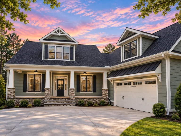 Front elevation of a Traditional Craftsman Cape Cod style home featuring gray lap siding, stone accents, and red trim with a welcoming covered porch.