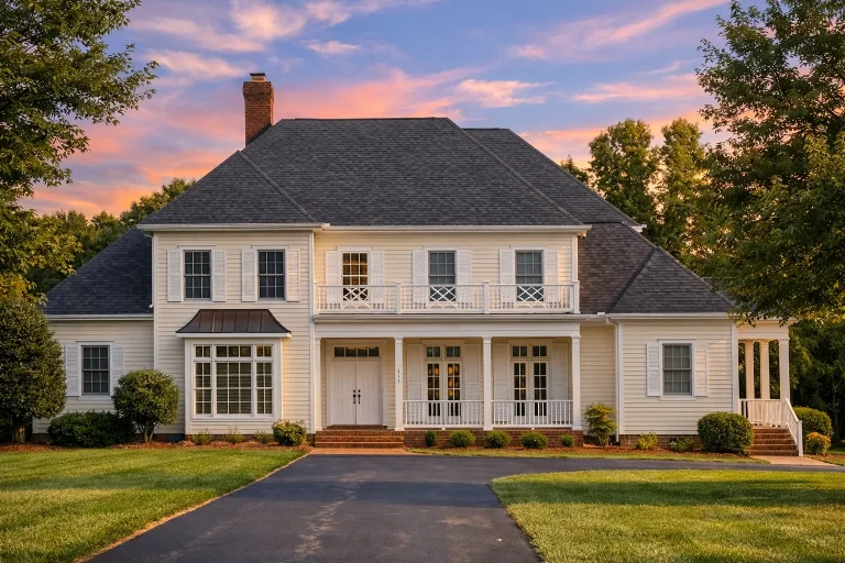 Front elevation of a Traditional Colonial style home with symmetrical façade, lap siding exterior, centered entry, and evenly spaced windows