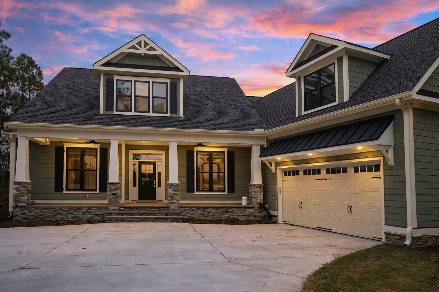 Front elevation of a Traditional Craftsman Cape Cod style home featuring gray lap siding, stone accents, and red trim with a welcoming covered porch.
