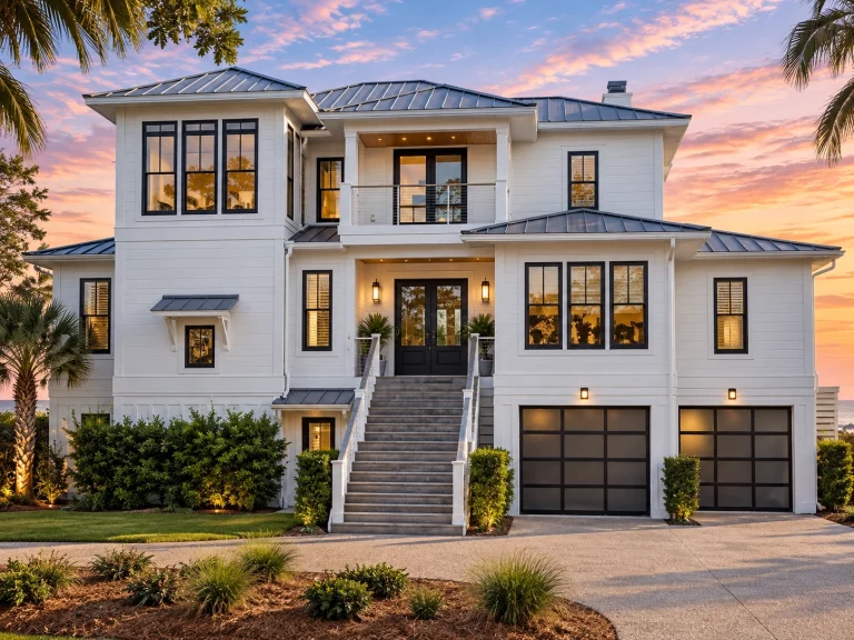 Front elevation of a coastal shingle style home featuring horizontal siding, double stacked porches, elevated foundation, and Southern Low Country architecture