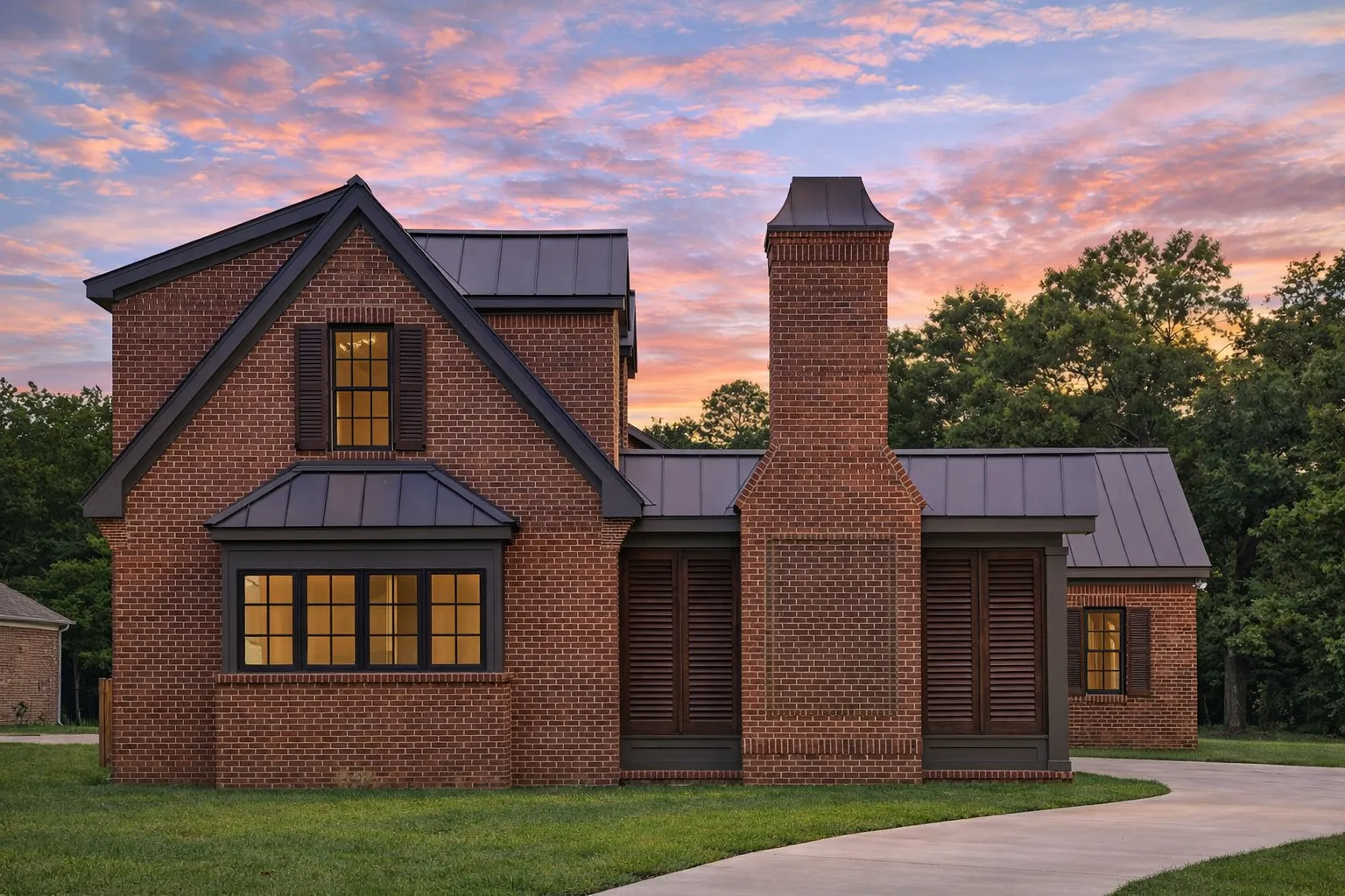 Front elevation of a Traditional Tudor Revival style home featuring full brick exterior, arched upper windows, dual chimneys, and covered entry