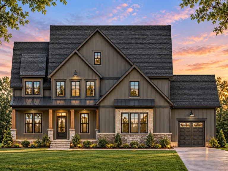 Front elevation of a modern farmhouse style home featuring white board and batten siding, stone foundation accents, metal awnings, and an attached garage