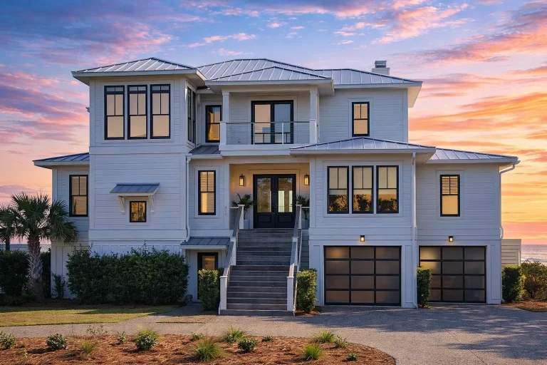 Front elevation of a coastal shingle style home featuring horizontal siding, double stacked porches, elevated foundation, and Southern Low Country architecture