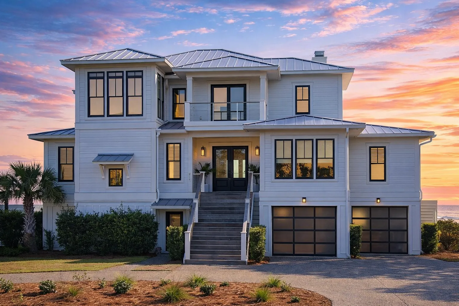 House Plans with Breezeway 13 Front elevation of a coastal shingle style home featuring horizontal siding, double stacked porches, elevated foundation, and Southern Low Country architecture