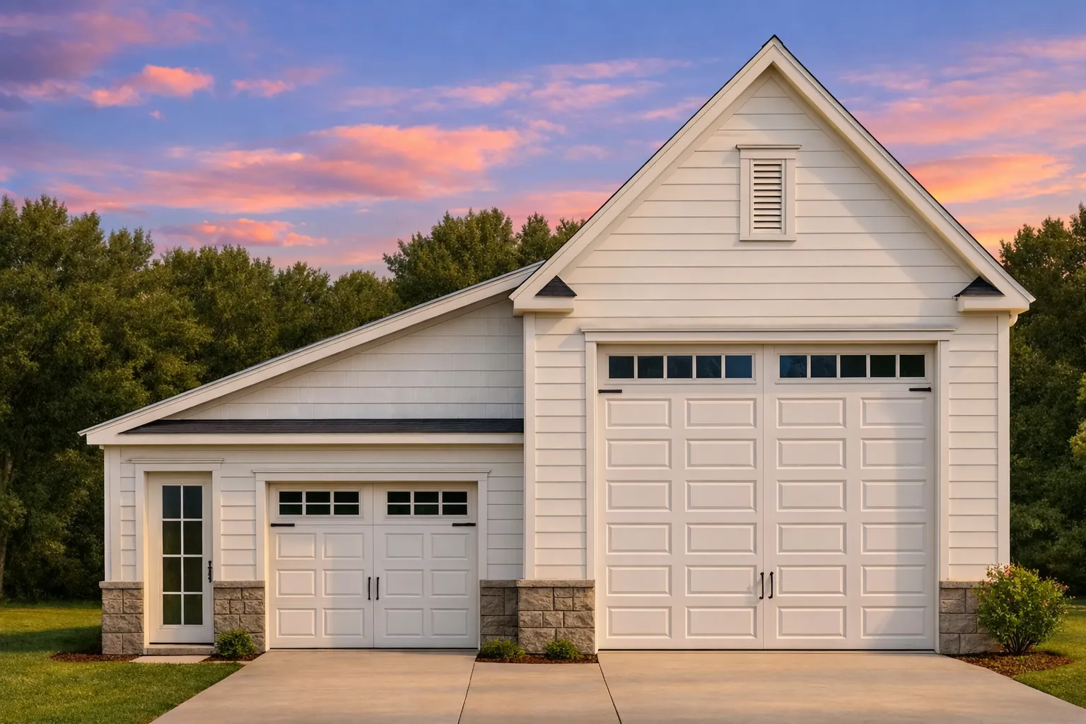 Front elevation of a traditional carriage house garage apartment featuring Cape Cod cottage design, light siding, stone base, and gabled rooflines