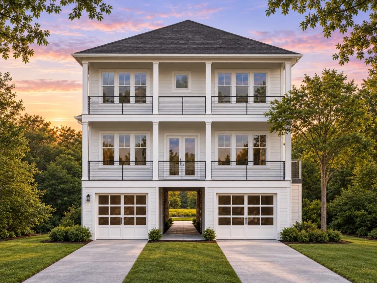 Front elevation of a Low Country coastal style home featuring double stacked porches, symmetrical facade, white siding, and elevated Southern architecture