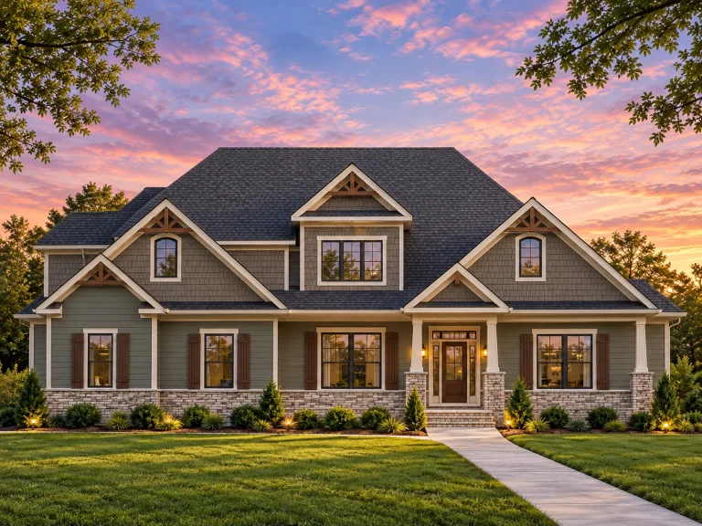 Front elevation of a New American modern traditional house featuring horizontal siding, shake accents, stone porch columns, and a welcoming covered entry