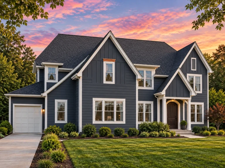 Front exterior view of a New American Modern Traditional house featuring board and batten siding, steep gable rooflines, symmetrical windows, and a welcoming covered entry