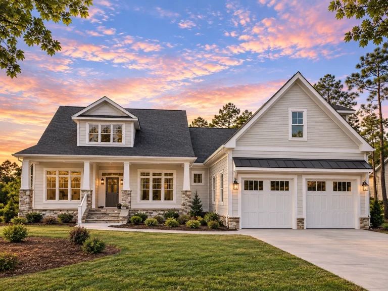 House Plans with Photos 2 Front view of a Craftsman Modern Farmhouse featuring blue horizontal siding, stone base, white trim, and double garage under a clear sky