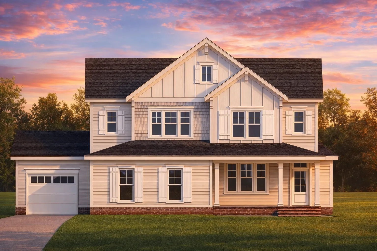 Front elevation of a Coastal Farmhouse style house featuring board and batten siding, shingle accents, covered porch, and symmetrical New American design