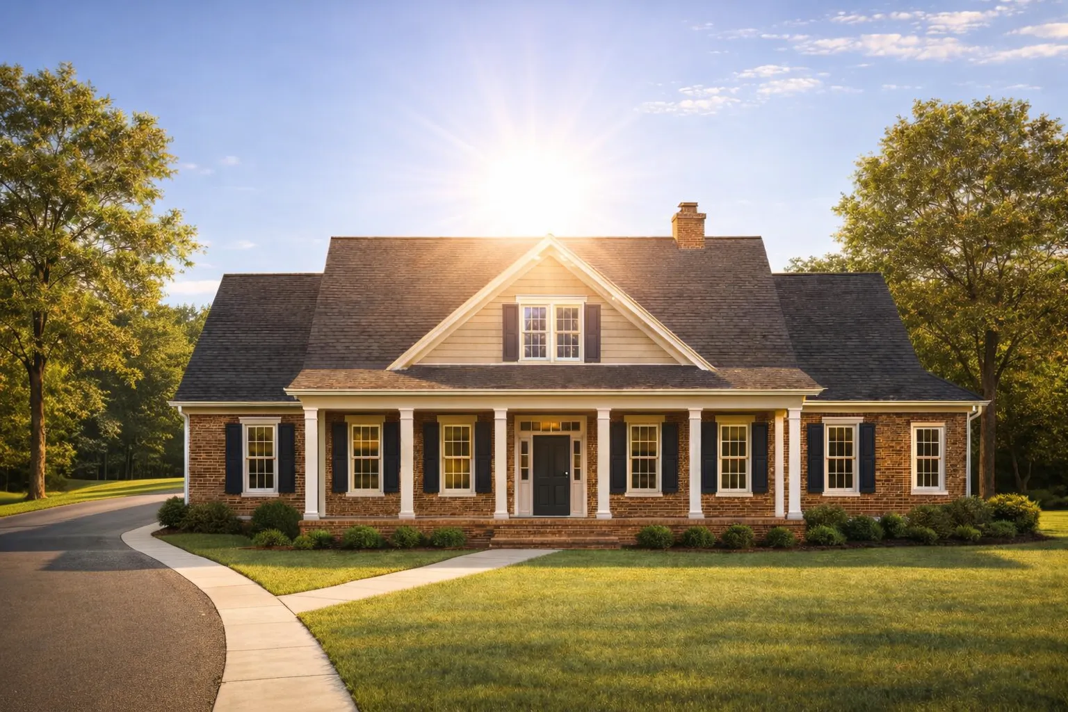Conventional House Plans 19 Front view of a classic farmhouse featuring a wide front porch, gable roof, and symmetrical windows surrounded by green lawn and trees.