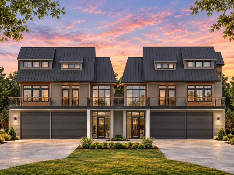 Contemporary House Plans 1 Front elevation of a Coastal Farmhouse style garage apartment featuring horizontal siding, standing seam metal roof, stone base, and second-floor balcony