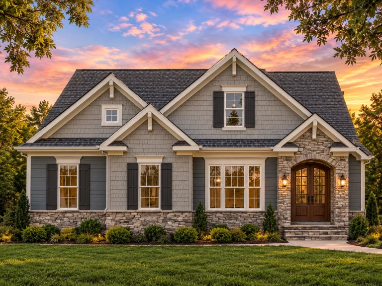 House Plans with Outdoor Kitchen 25 Front view of Traditional Cottage Craftsman home featuring stone and lap siding with gabled rooflines and dark shutters
