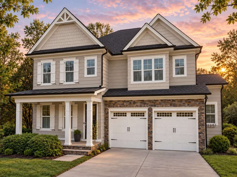 Front elevation of a New American style two-story home with traditional colonial influence, lap siding exterior, covered porch, and double garage