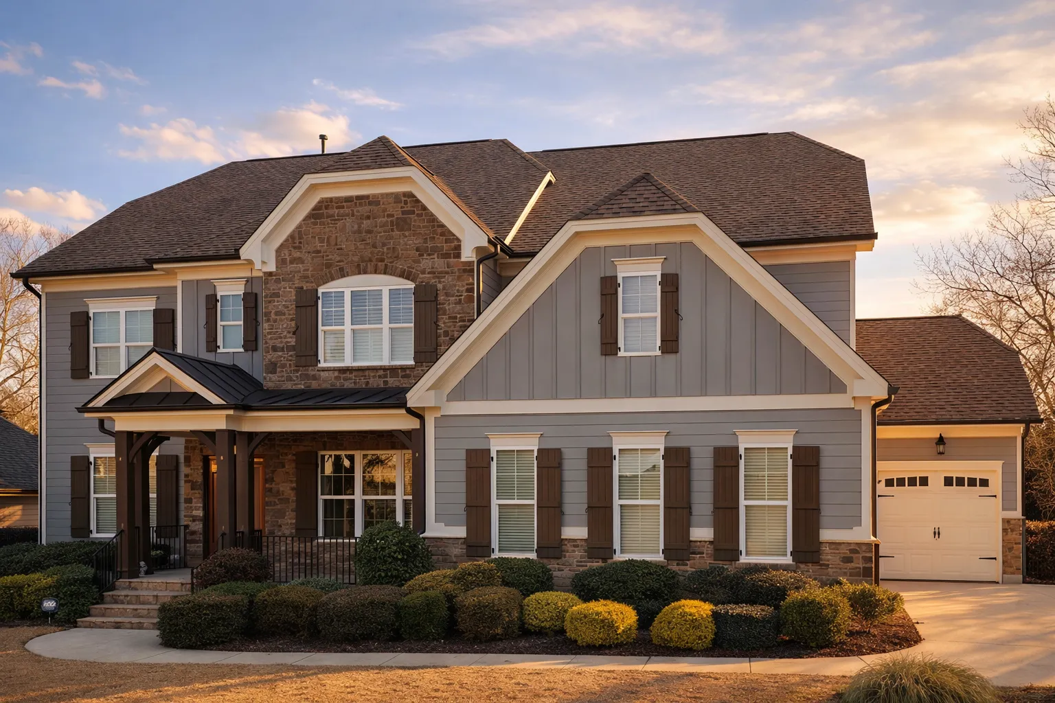 Front elevation of a New American modern traditional house featuring board and batten siding, stone accents, gabled rooflines, and a welcoming covered porch