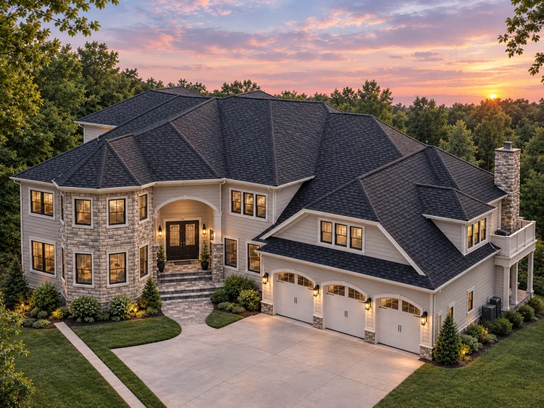 House Plans with Outdoor Kitchen 23 Front exterior view of a New American style luxury home with smooth stucco exterior, multi-gable rooflines, arched entry, and side-entry garage