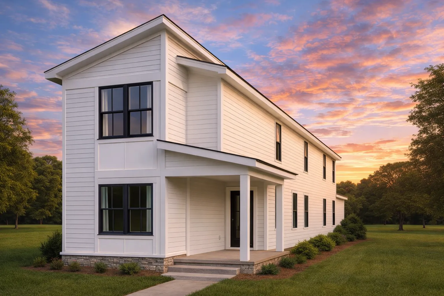 Front exterior of a transitional New American two-story house with horizontal lap siding, board-and-batten accents, and a stone foundation skirt