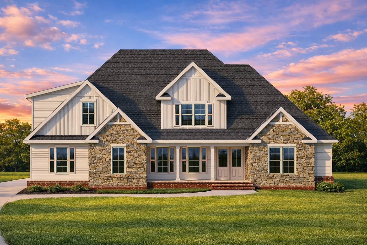 House Plans with Second Floor Laundry Room 25 Front elevation of a Modern Farmhouse style home featuring board and batten siding, stone exterior accents, gabled rooflines, and a welcoming covered porch