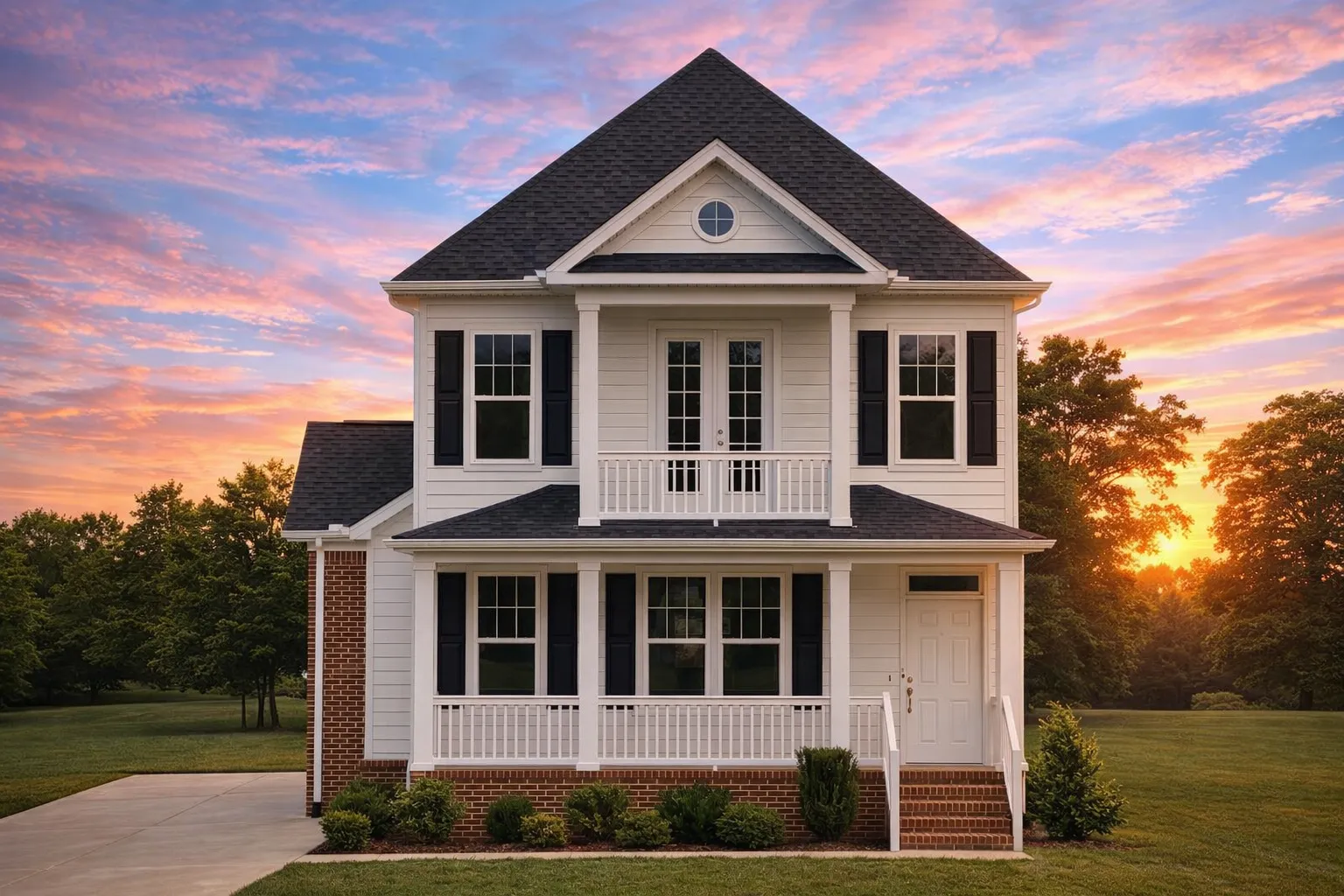 Front elevation of a Traditional Colonial house with lap siding, stone porch piers, white columns, black shutters, and an upstairs balcony
