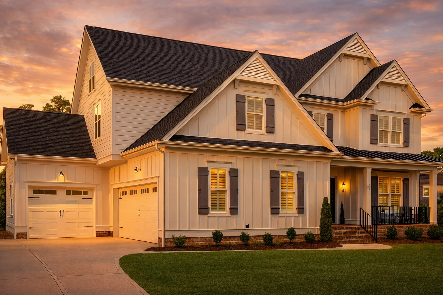 Front elevation of a Modern Farmhouse and New American style home featuring board and batten siding, gabled rooflines, and a welcoming covered front porch