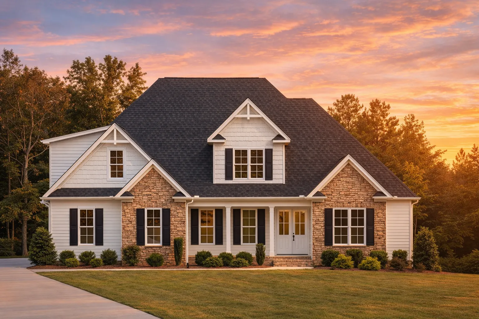 Front elevation of a Modern Farmhouse style home featuring board and batten siding, stone exterior accents, gabled rooflines, and a welcoming covered porch