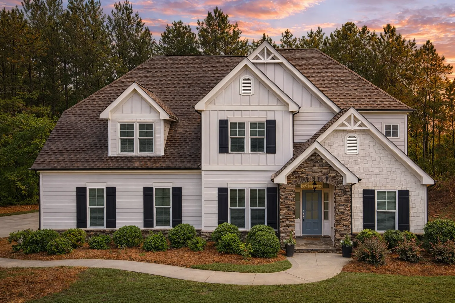 Front elevation of a New American traditional style house with gray siding, board-and-batten gables, stone entry, and steep gabled roof