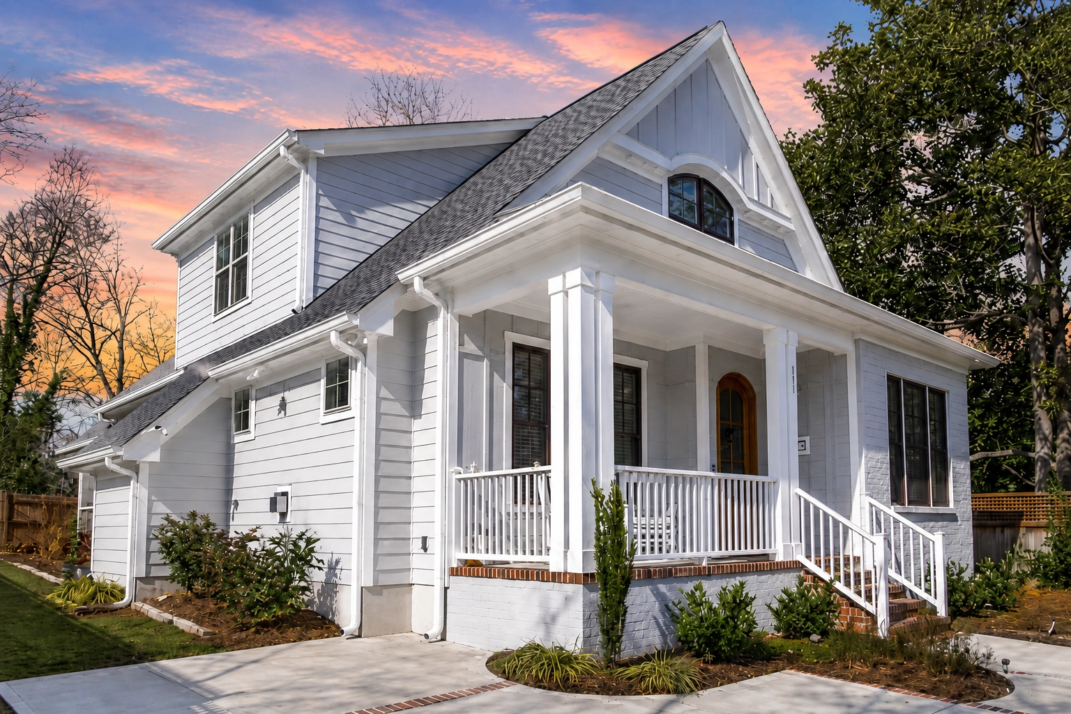 Open Floor Plan House Designs 12 Front elevation of a Traditional Colonial style home with brick exterior, board and batten gable accent, symmetrical windows, and covered entry porch