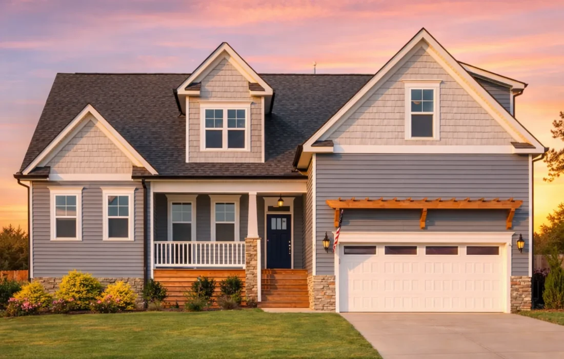 Front view of a Modern Farmhouse with dark blue siding, white trim, board and batten accents, and a stone base foundation beneath a steep gable roof