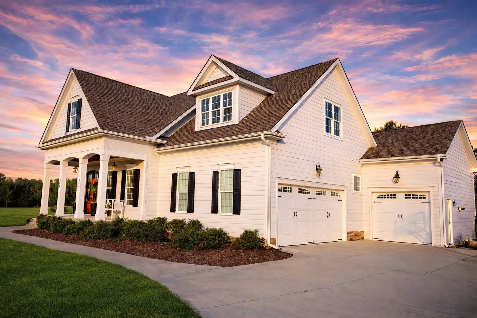 Front exterior view of a Cape Cod style house featuring horizontal siding, brick porch base, dormer windows, and a traditional gabled roof