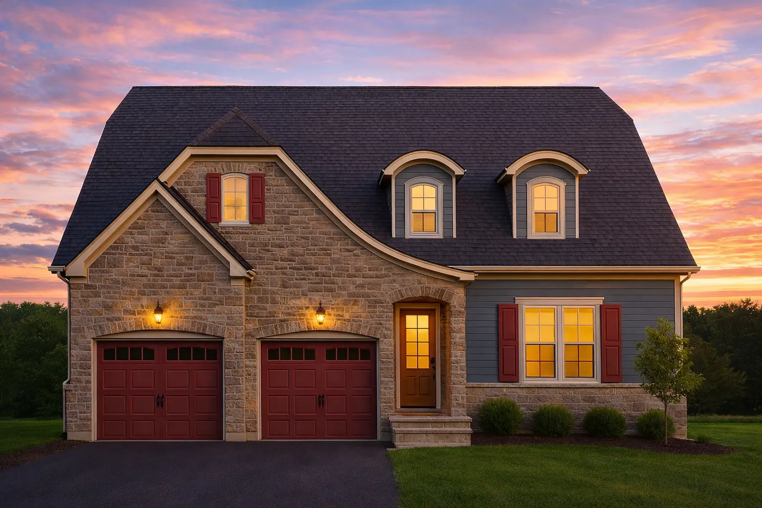 Front exterior view of a New American style house featuring stone masonry, horizontal siding, dormer windows, and a welcoming entry