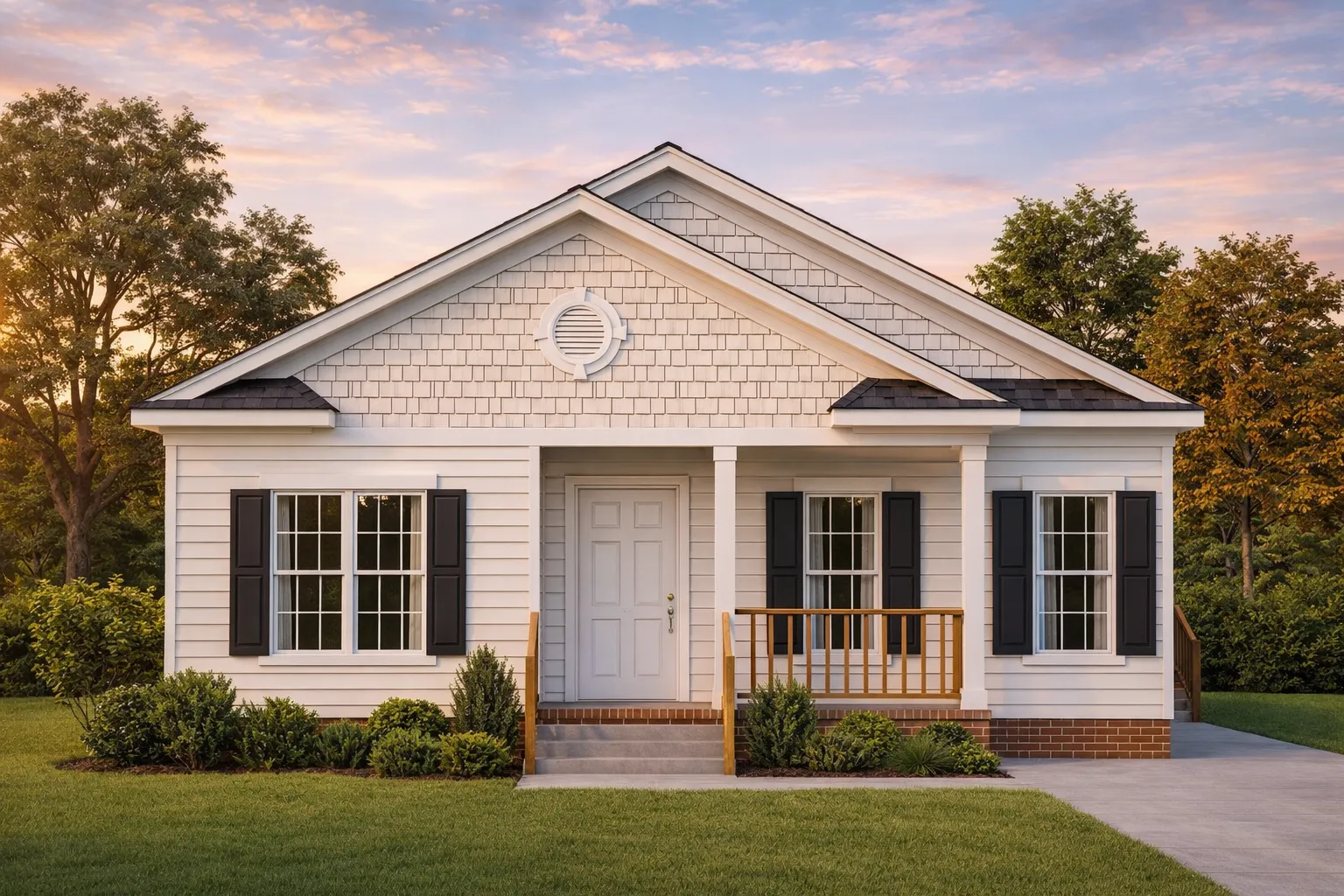 Front view of a Traditional Ranch style home with stone veneer, horizontal lap siding, black shutters, and a covered porch entry under symmetrical front gables