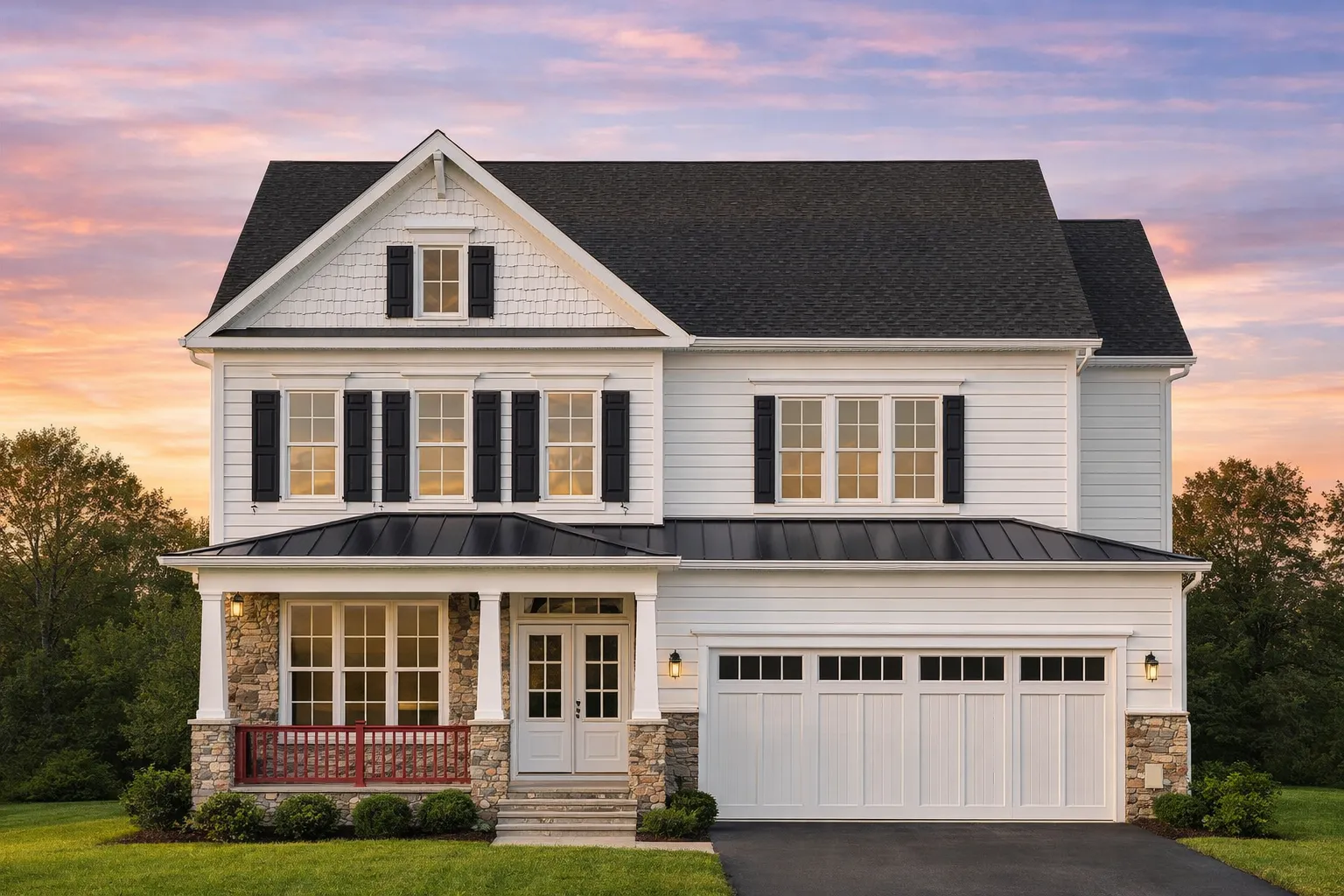 Rear elevation of Traditional Colonial style home with blue horizontal lap siding, symmetrical windows, and gable roof