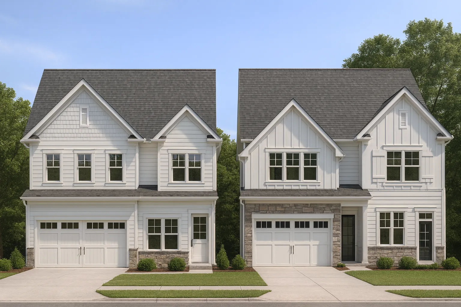 Front view of a Modern Farmhouse style two-story home featuring board and batten siding, brick accents, gable roofs, and a welcoming front porch entry