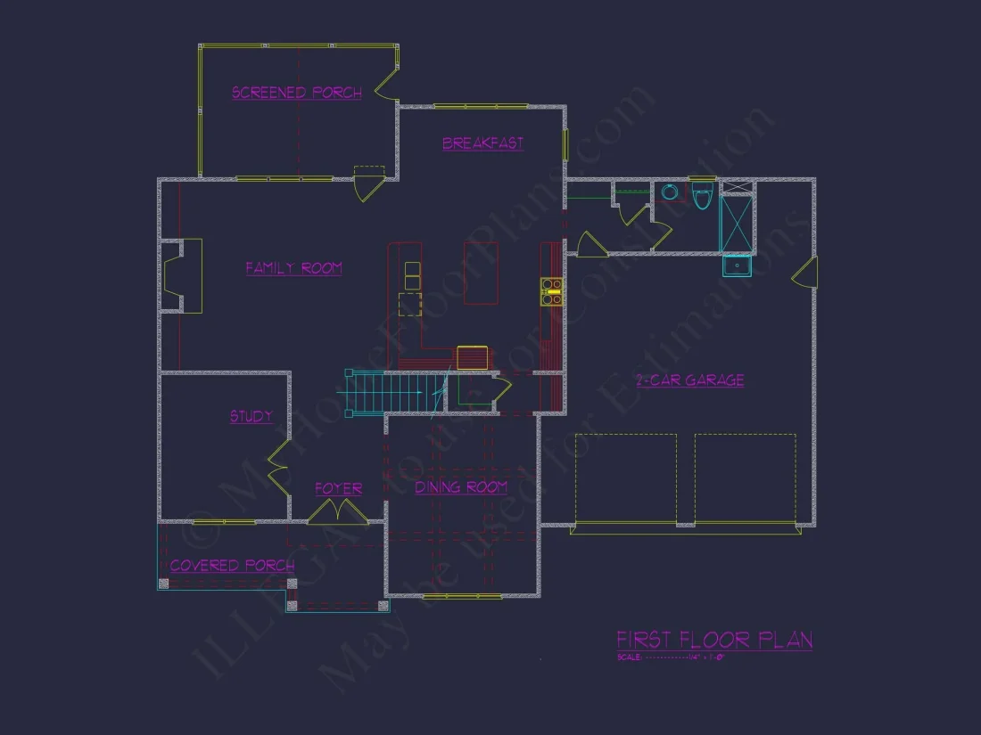 Colonial Home Plan with CAD Blueprint and Unique Designs