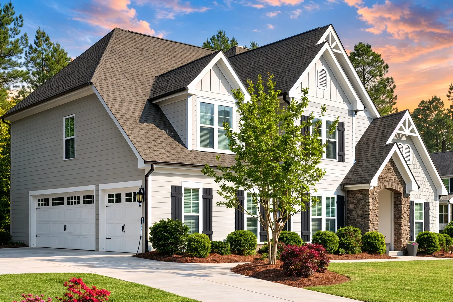 Front elevation of a New American traditional style house with gray siding, board-and-batten gables, stone entry, and steep gabled roof