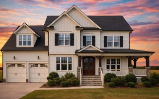 Front exterior view of a New American Craftsman style house featuring board and batten siding, stone porch columns, gabled rooflines, and covered front porch