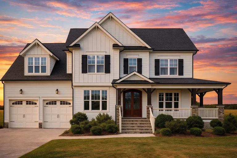 Front exterior view of a New American Craftsman style house featuring board and batten siding, stone porch columns, gabled rooflines, and covered front porch