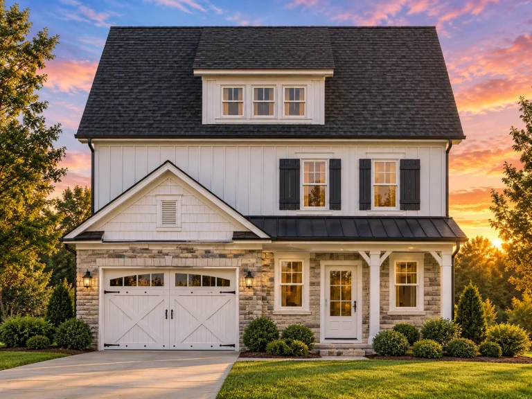 Front view of Modern Farmhouse with board and batten siding, stone base, metal roof accents, and symmetrical windows
