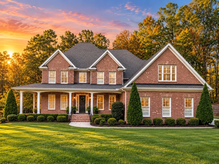 Front exterior view of a Traditional Colonial style home with red brick exterior, white trim, symmetrical facade, and covered front porch
