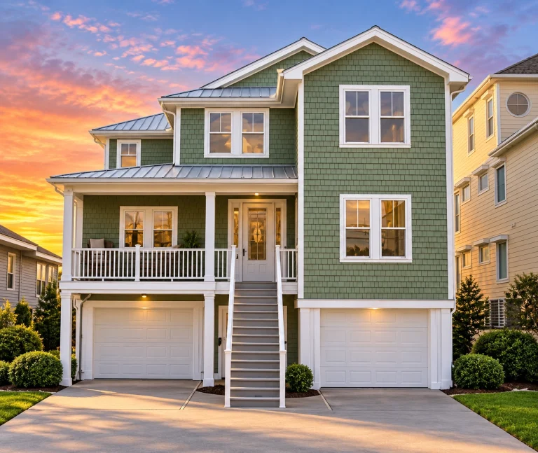 Front elevation of a Coastal Traditional home with elevated foundation, horizontal siding, shingle accents, double garages, and a covered front porch
