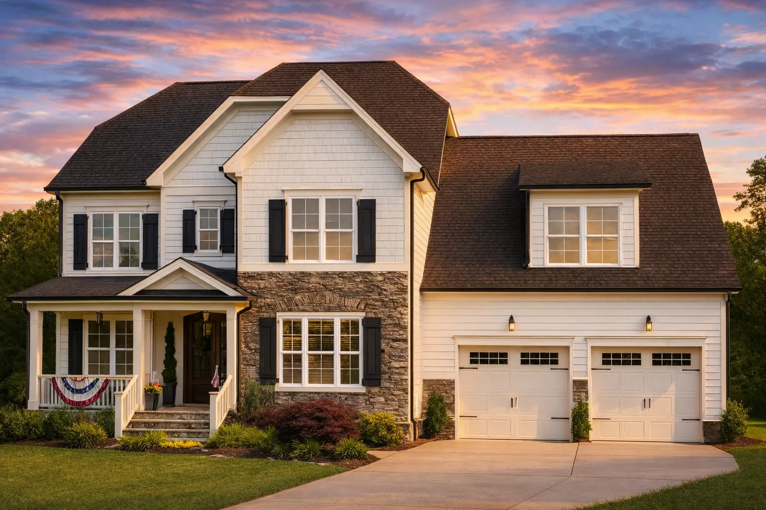 Front elevation of Traditional Colonial home with brick first floor, horizontal siding, shutters, covered porch, and two-car garage