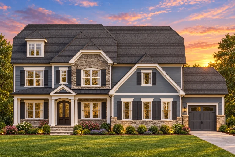 Front elevation of a New American modern traditional house with stone accents, horizontal siding, symmetrical windows, and an attached garage