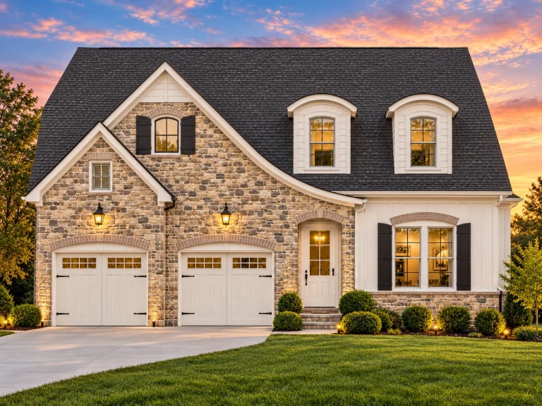 Cottage House Plans 8 Front exterior view of a New American style house featuring stone masonry, horizontal siding, dormer windows, and a welcoming entry