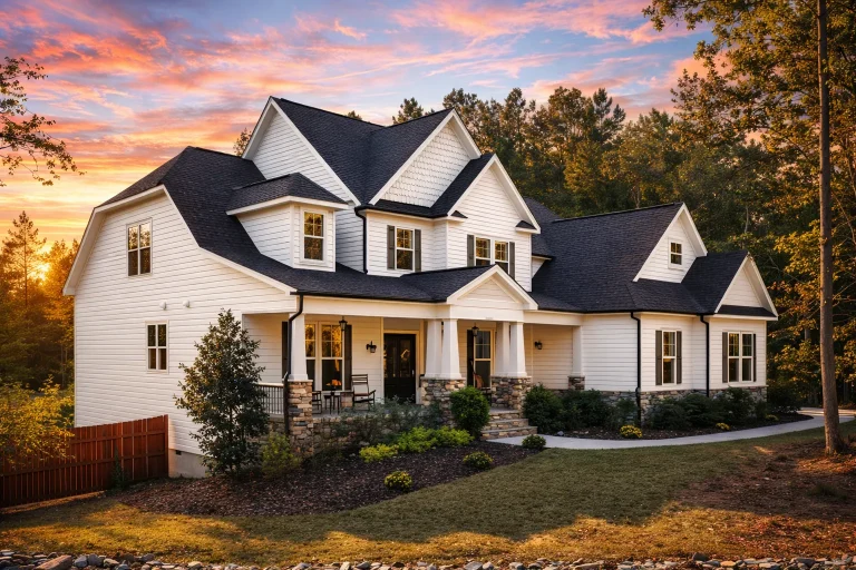 Front exterior of Modern Farmhouse style home with white horizontal siding, black shingle roof, dormers, and covered porch