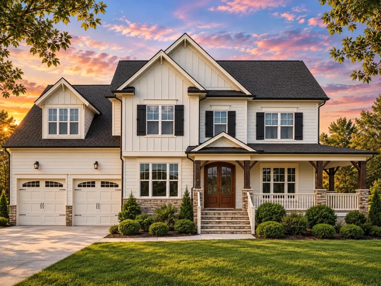 Front exterior view of a New American Craftsman style house featuring board and batten siding, stone porch columns, gabled rooflines, and covered front porch
