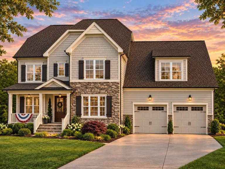 Split Garage House Plans 11 Front elevation of Traditional Colonial home with brick first floor, horizontal siding, shutters, covered porch, and two-car garage