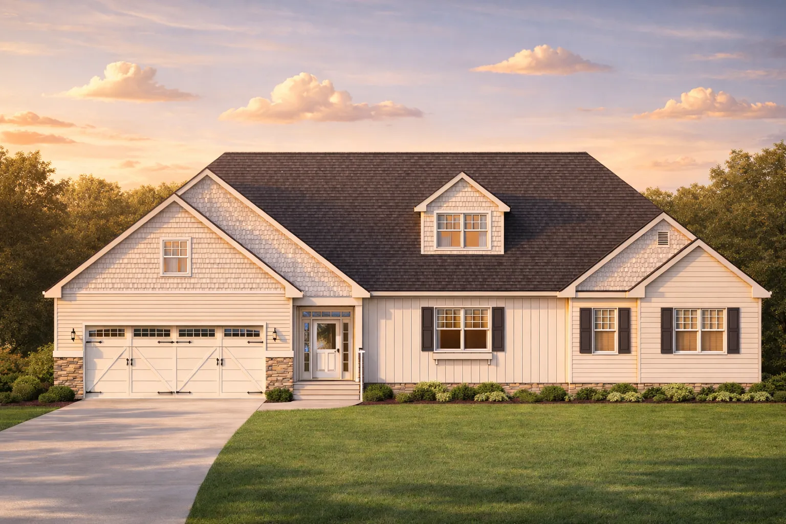 Front elevation of a Coastal Farmhouse style home featuring board and batten siding, shingle accents, stone details, and an attached two-car garage